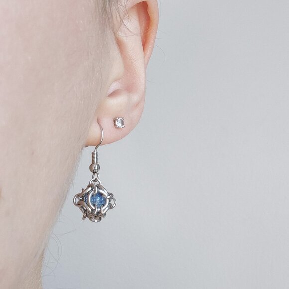Classic & elegant fairy icy blue quartz caged pearl silver ball earrings - Picture 2 of 8